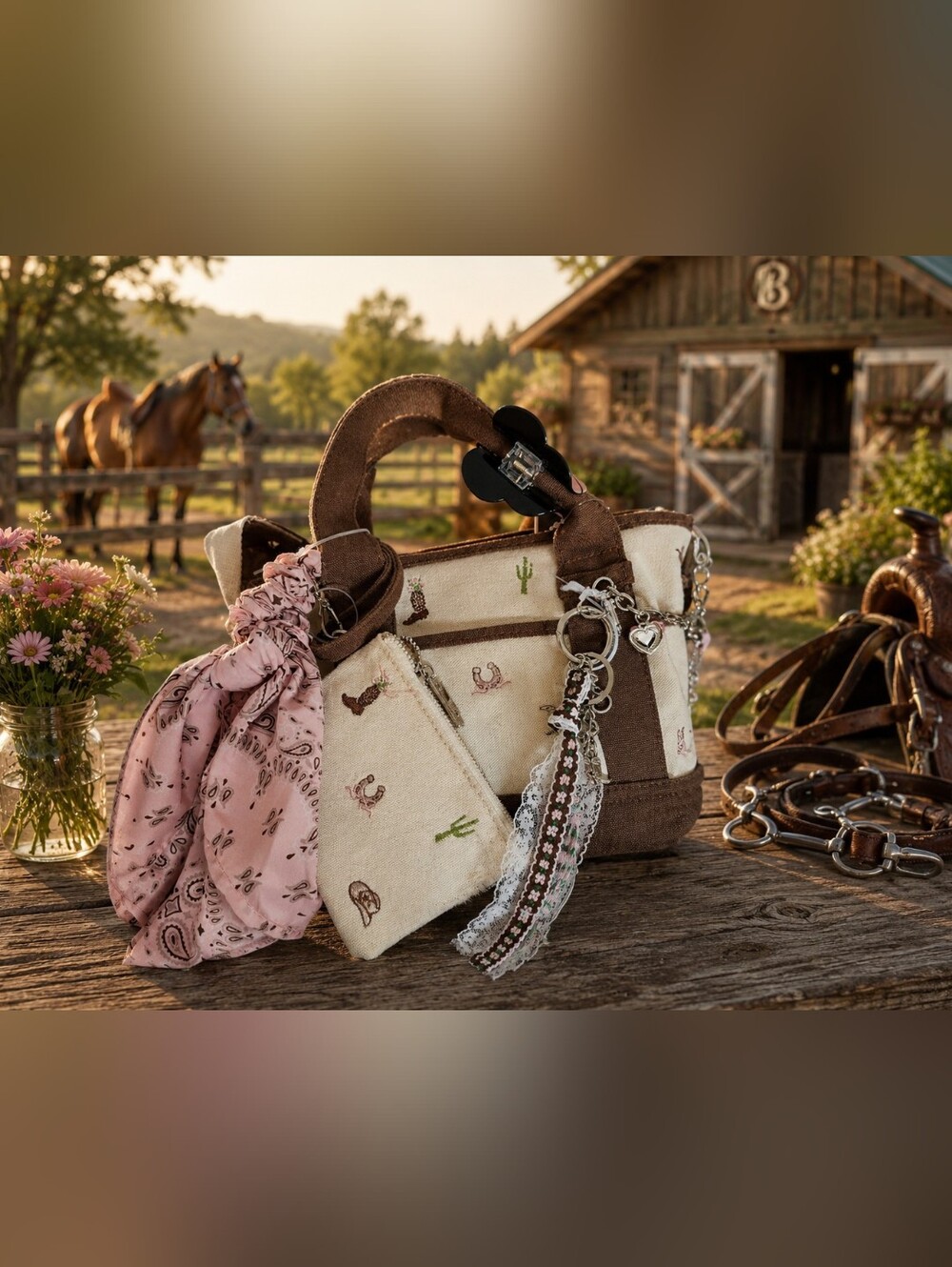 NWT Viral Madden Girl Western Horse Cowgirl Embroudered Canvas Tote Crossbody